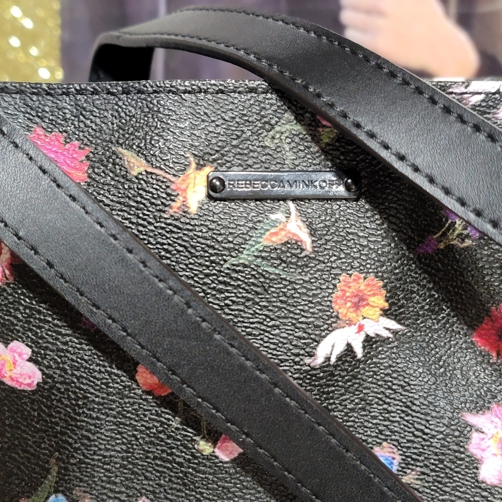 Rebecca Minkoff Cherish Black Floral Coated Canvas Large Shoulder Bag Tote Purse - Picture 3 of 16